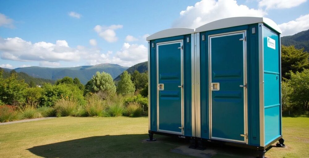 Modern mobile toilet in scenic outdoors