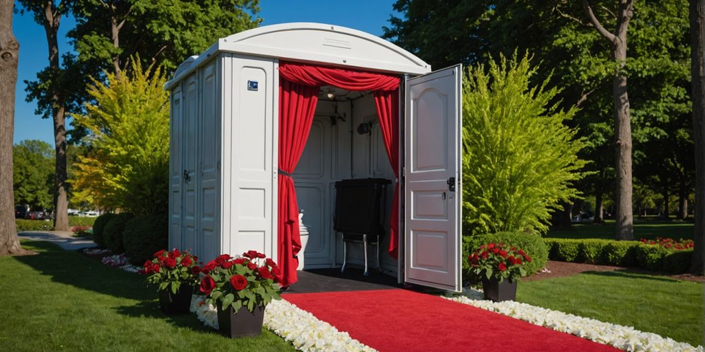 Elegant porta potty with red carpet entrance