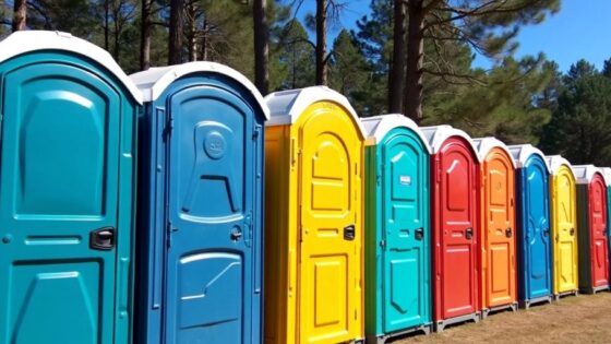 Colorful porta potties in an outdoor setting.