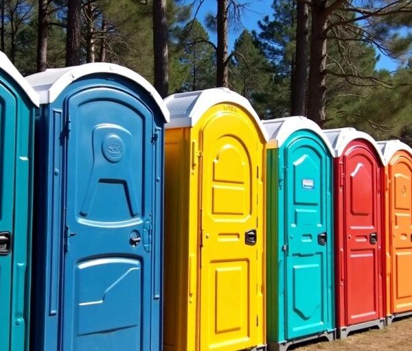 Colorful porta potties in an outdoor setting.