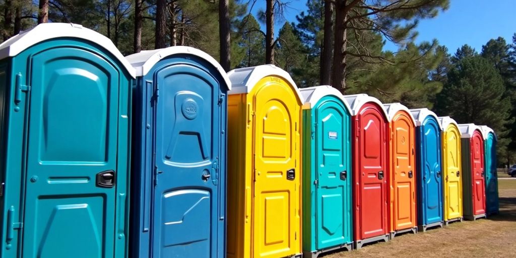 Colorful porta potties in an outdoor setting.